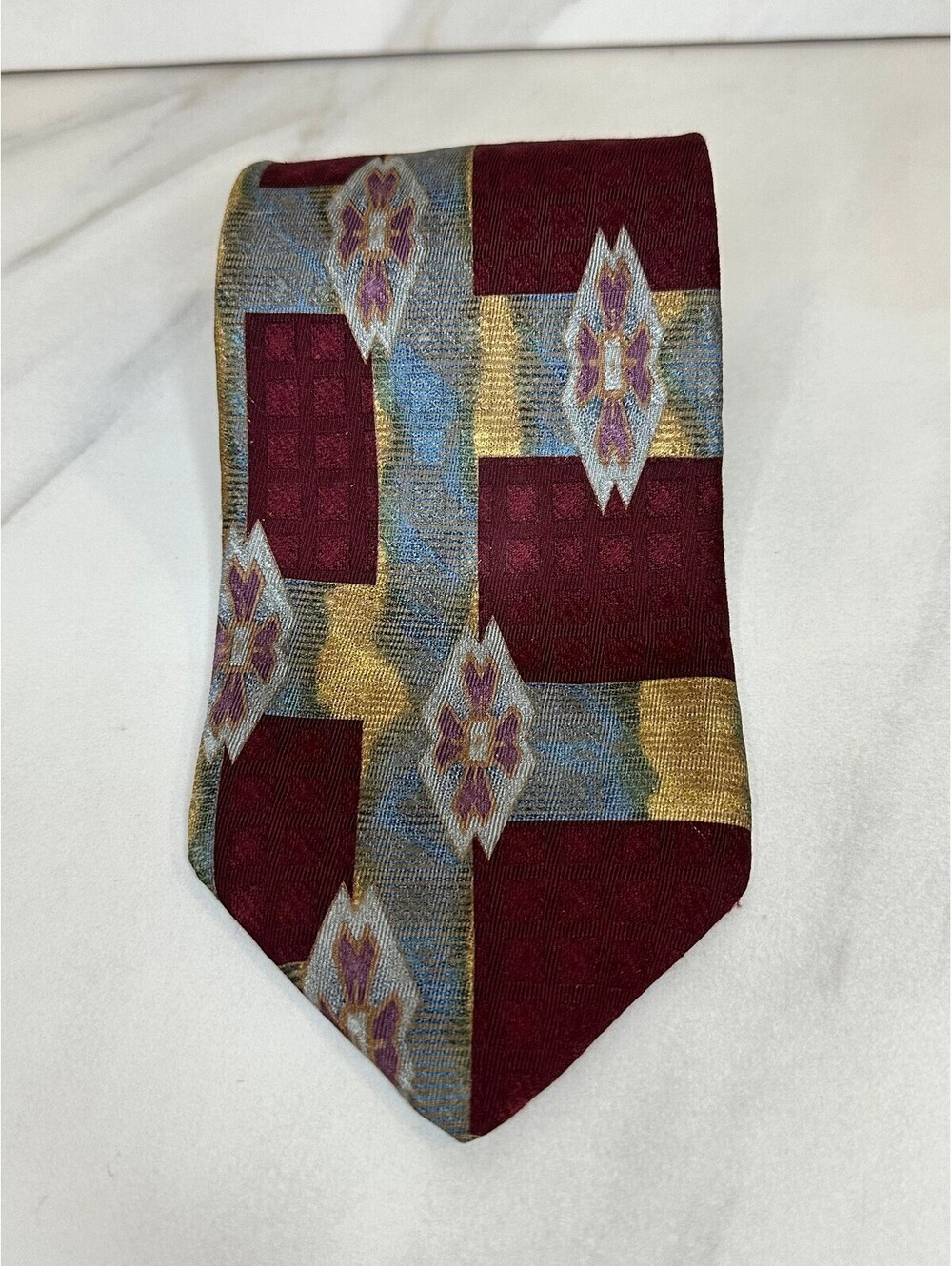 Vintage XMI burgundy gold silver abstract geometric 100% silk tie artsy eclectic